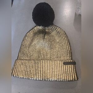 Coach Foil Gold and Shearling Pom-Pom Beanie